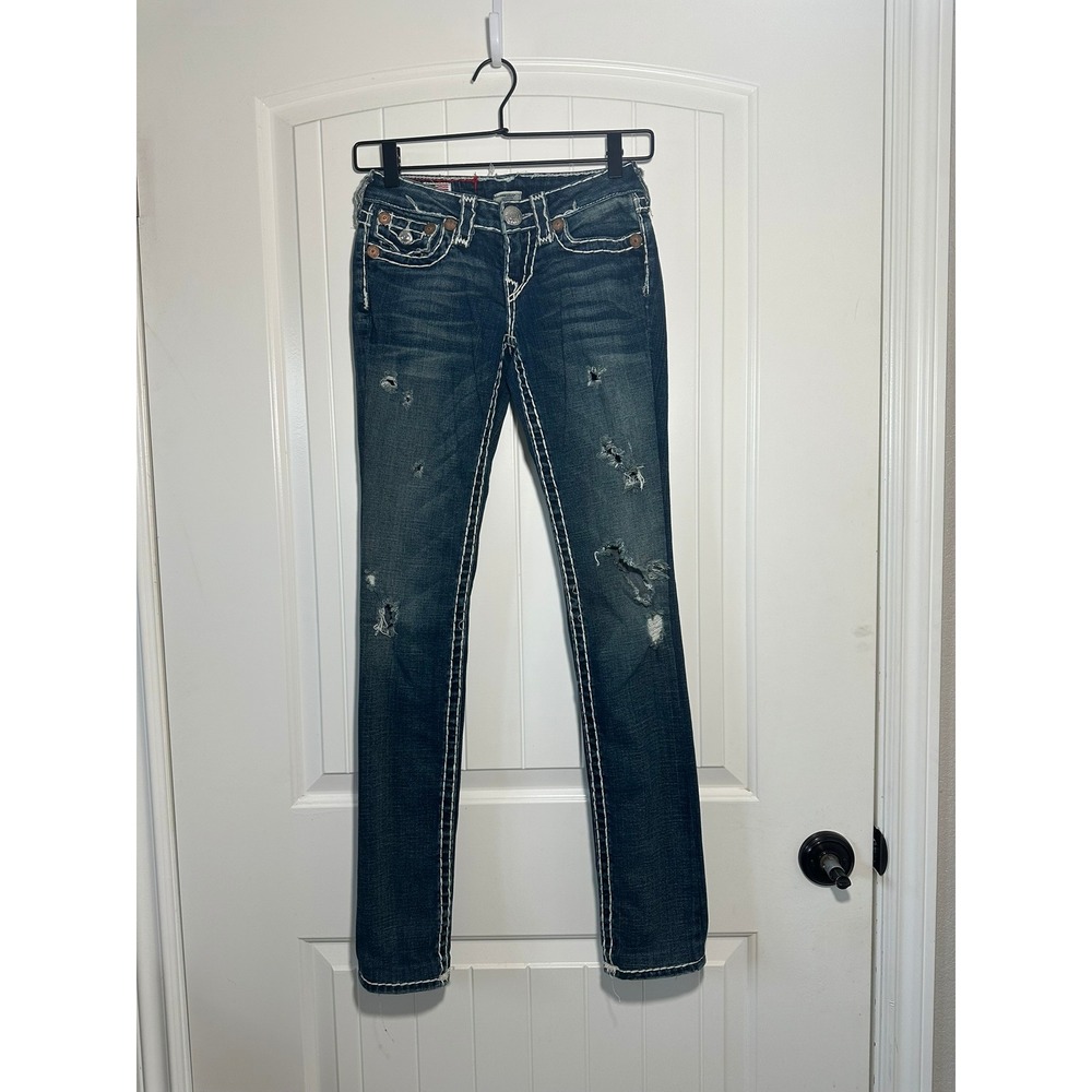Vintage Y2K True Religion Julie T White Stitching‎ Low Rise Skinny Jeans Size 26